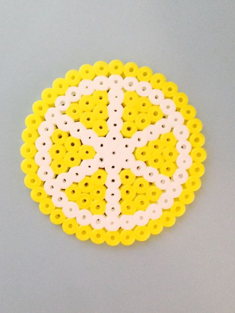 My own try of the lemon  slice Lemon Perler Beads, Pearler Beads Ideas Aesthetic, Melted Bead Crafts, Melt Beads Patterns, Hamma Beads Ideas, Pixel Beads, Beads Patterns, Fuse Bead Patterns, Diy Perler Bead Crafts