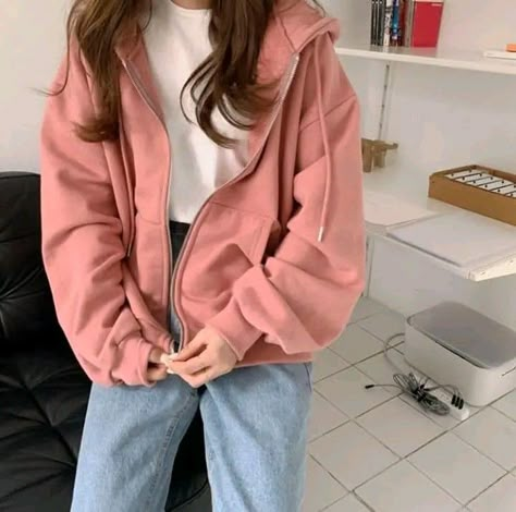 Pink Hoodie Outfit, Pink Jacket Outfit, Korean Casual Outfits, Quick Outfits, Jacket Outfit, So Nice, 가을 패션, Cute Simple Outfits, Pink Hoodie