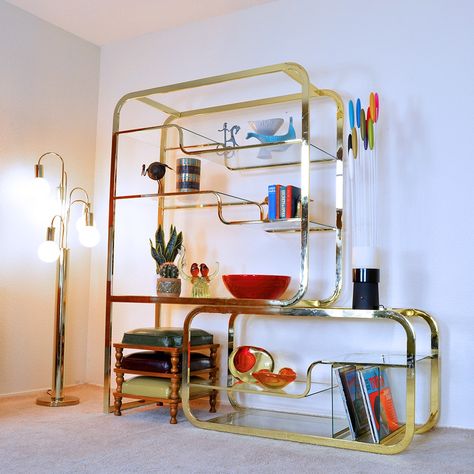 Milo Baughman DIA Extendable Brass Etagere - Mid Mod Crisis Brass Etagere, Design Institute, Vinyl Storage, Milo Baughman, Mid Mod, Contemporary Style, Room Divider, Dream House, Mid Century