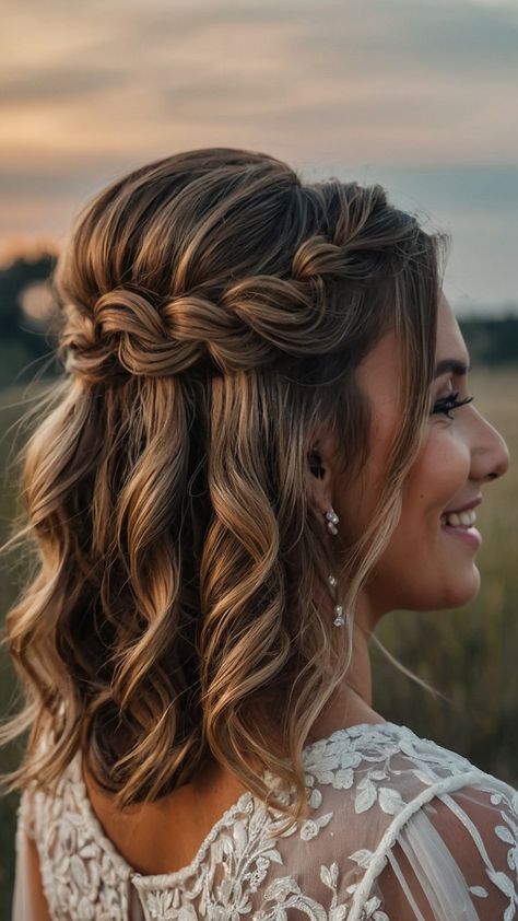 Side Hairstyles For Bridesmaids, Wedding Partial Updos For Medium Hair, Half Up Dos For Medium Hair Wedding Side Braids, Hair Down Shoulder Length Wedding, Maid Of Honor Hairstyles Half Up Half Down, Should Length Bridesmaid Hair, Bridal Hair For Medium Length Fine Hair, Short Hair Bridesmaid Hairstyles Curls, Curly Bridesmaid Hairstyles Down