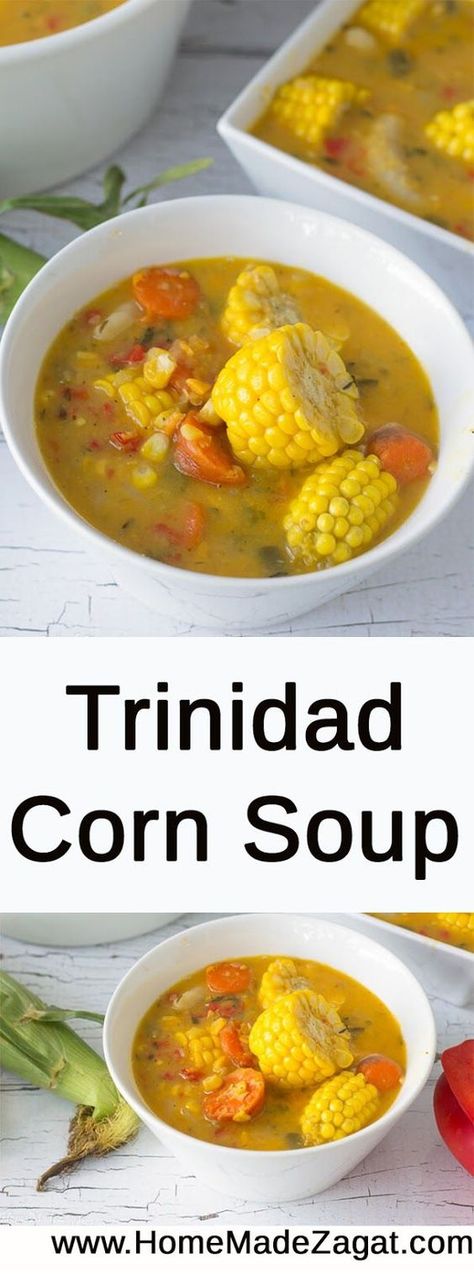 A traditional corn soup recipe for this popular Trini street food. Made with split peas, corn and dumplings this soup is commonly an after fete snack especially around carnival time Trinidad Corn Soup Recipe, Corn Soup Recipes, Trinidad Recipes, Trini Food, Split Peas, Jamaican Dishes, Soup Chicken, Chicken Corn, Corn Soup