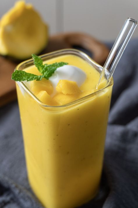 Creamy Vegan Mango Lassi Mango Lassi Recipe, Mango Lassi Recipes, Lassi Recipe, Almond Yogurt, Lassi Recipes, Mint Yogurt, Plant Based Yogurt, Mango Dessert, Mango Lassi