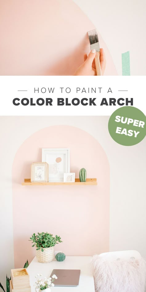 Painted Arch With Round Mirror, Boho Colorblock Wall, Arch Trio Wall Paint, Color Blocking On Walls, Home Office Mural Wall, Wall Murals Painted Bathroom, Boho Arch Painting, Paint One Wall Different Color, Color Block Wall Bathroom