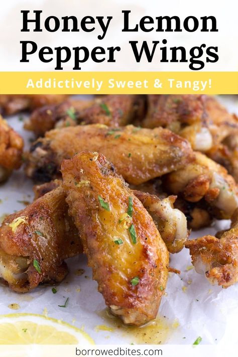 These baked Honey Lemon Pepper Wings are ultra-crispy on the outside, perfectly juicy on the inside, and covered in a sweet and tangy honey lemon pepper sauce. They make the perfect flavorful appetizer for parties, game day, or pizza night. Plus we’ve included reheating instructions so you can have crispy wings over and over. Honey Garlic Lemon Pepper Sauce, Easy Lemon Pepper Wings, Oven Baked Lemon Pepper Wings, Baked Honey Lemon Pepper Wings, Hot Honey Lemon Pepper Wings, Wings Lemon Pepper, Honey Lemon Pepper Chicken Wings Recipe, Lemon Pepper Sauce, Lemon Pepper Chicken Wings