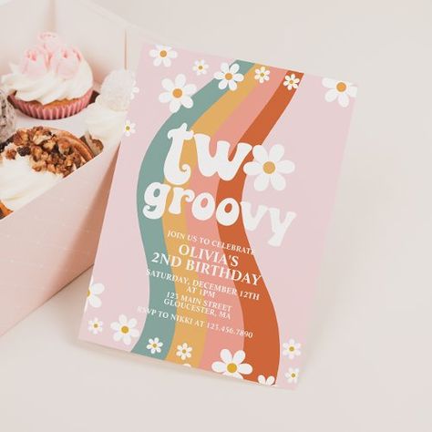 $2.04 | TWO Groovy daisy rainbow 2nd birthday - retro, rainbow, daisy, floral, flower, hippie, boho, girl, two groovy, 2nd birthday Groovy 2nd Birthday, Groovy Daisy, Rainbow Daisy, Two Groovy, 2nd Birthday Invitations, Invitation Floral, Boho Girl, Retro Rainbow, December 12