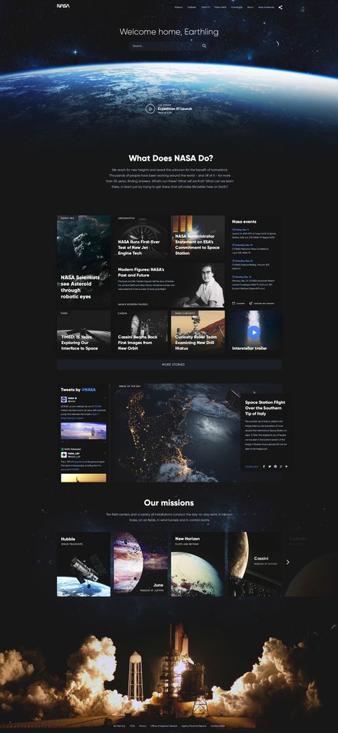 NASA Website Redesign by Fireart Studio  UI/UX Space Website Design Inspiration, Space Theme Website, Futurist Photography, Futuristic Website Design, Futuristic Website, Space Websites, Website Concept, Graphic Design Website, Templates Free Design