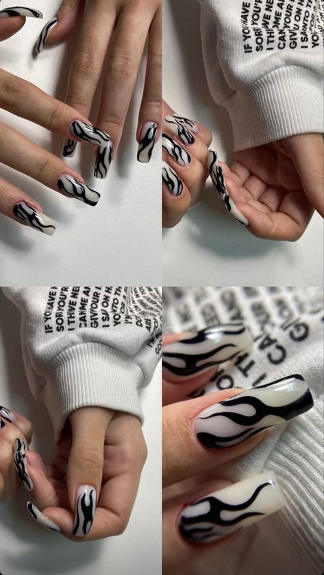 Nails, nails inspo, white nails, nails design, nails fire, black fire, nails minimalistic, edgy nails, ногти, идеи ногти, белые ногти, дизайн ногтей, чёрный огонь, минималистичные ногти, легкий дизайн ногти, pazy, paznokcie, pomysły paznokcie, białe paznokcie, minimalistyczne paznokcie Black Acrylic Nail Designs, Euphoria Nails, Wow Nails, Black Acrylic Nails, Leopard Print Nails, Goth Nails, Beige Nails, Casual Nails, Nail Jewelry