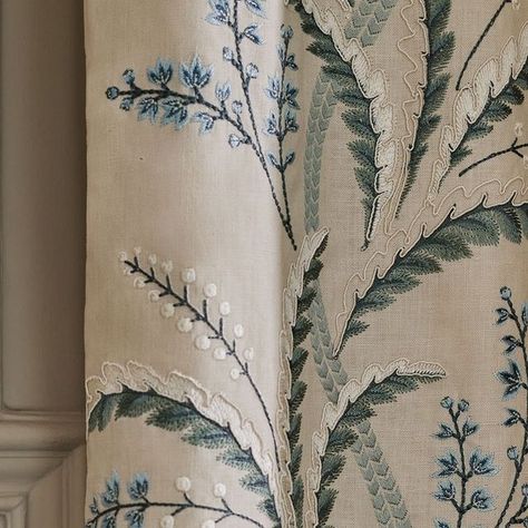 Colefax and Fowler on Instagram: "Melrose in old blue.⁠ ⁠ A lively floral stripe, full of energy and graceful rhythm. Melrose features arching sprays of flowers and stylized leaves creating a meandering stripe that feels informal in character. A mixture of embroidery and corded stitch work adds to its joyful decorative nature.⁠ ⁠ Order Melrose in the link in our bio. ⁠ ⁠ Curtain: Melrose Old Blue F4843-01, Cut Ruche Old Blue 05443-05" Colefax And Fowler, Floral Stripe, Window Treatments, Energy, Spray, Floral, Flowers, Blue, Fabric