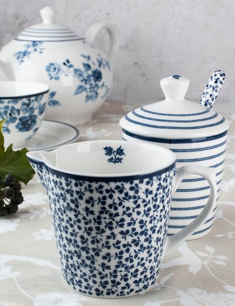 Laura Ashley Blue Print Collection Dinnerware on Table Cream And Sugar Set, Sugar Pot, Blue White Decor, The Blueprint, Blue And White China, Cream And Sugar, Blue Decor, White Decor, Pot Sets