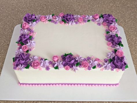 Birthday Cake For Women Rectangle, Purple Birthday Cake Rectangle, Flower Rectangle Cake, Flower Birthday Sheet Cake, Purple Sheet Cakes, Sheet Cake With Rosettes, Beautiful Sheet Cakes Birthday, Flower Sheet Cake Ideas, Pink And Purple Sheet Cake