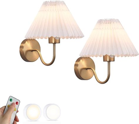 SIYANE Battery Operated Wall Sconce with Remote Control Gold Nordic White Vintage Pleated Fabric Shade Wall Lamp Rechargeable USB LED Wall Light for Bedside Bedroom Headboard Farmhouse - Amazon.com Bedroom Sconces Bedside, Headboard Farmhouse, Gold Sconces, Bedside Decor, Gold Wall Lights, Shade Wall, Bedside Wall Lamp, Metal Light Fixture, Rustic Room