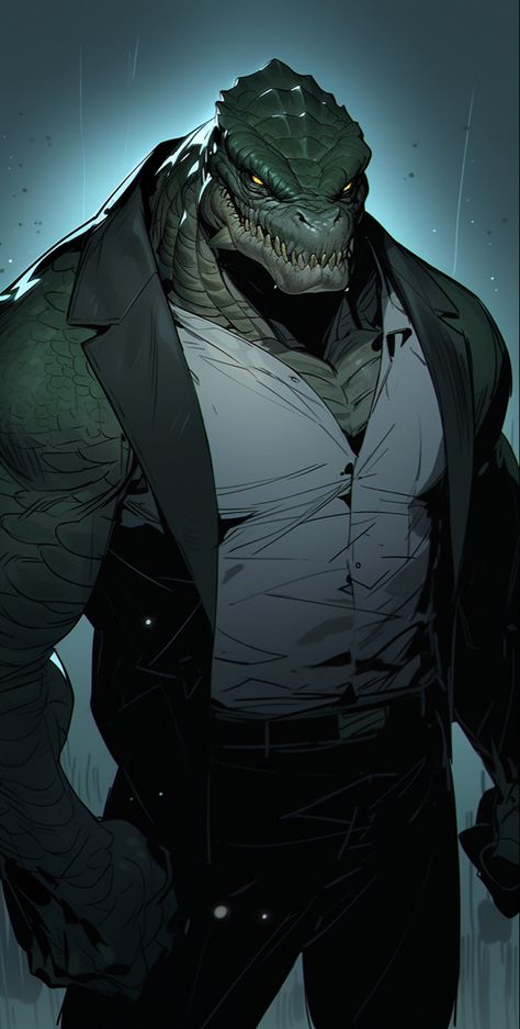 Sci Fi Lizardman, Crocodile Human Hybrid, Dnd Villain Art, Lizard Oc, Killer Croc Art, Alligator Character, Punk Character Art, Lizard Men, Dungeons And Dragons Books