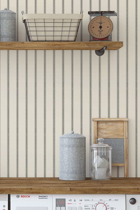 Laundry room with natural wood shelves and ticking stripe wallpaper Ticking Wallpaper, Ticking Stripe Wallpaper Bedroom, Striped Wallpaper Kitchen, Ticking Stripe Wallpaper Nursery, Grey Stripe Wallpaper, Stripped Wallpaper, Laundry Room Wallpaper, Stripe Wall, Country Farmhouse Style