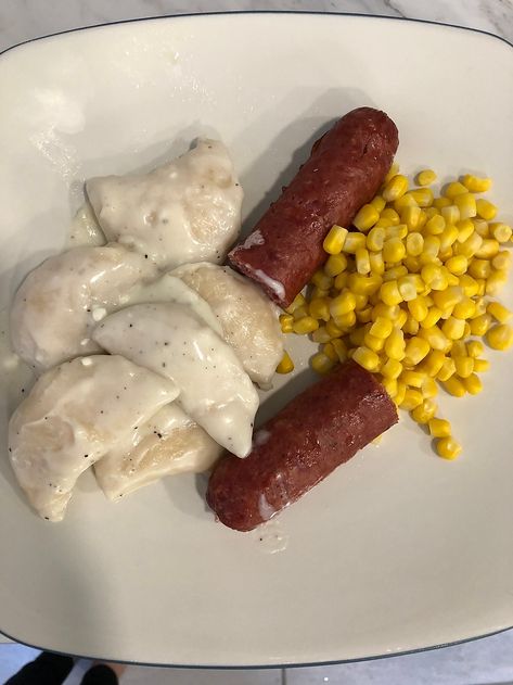 Traditional cottage cheese perogies and white sauce. Homemade Cottage Cheese Perogies, Perogie Sauce Recipes, Perogies Sauce, Cottage Cheese Perogies, Cheese Perogies Recipe, Cheese Perogies, Farmer Sausage, Ham Gravy, White Cream Sauce