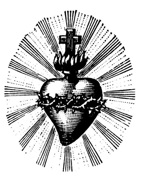 Sacred Heart Black And White, Sacred Heart Graphic, Sacred Heart Etching, Sacred Heart Drawing, Catholic Symbols, Biblical Tattoos, Woodcut Tattoo, Sacred Heart Tattoos, Statue Tattoo