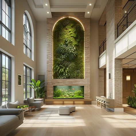 Interior design green wall living wall double height lobby Double Height Tv Wall Design, Interior Design Green Wall, Double Height Wall Design, Lobby Wall Design, Waiting Area Design, Double Height Lobby, Design Presentation Boards, Interior Design Green, Law Firm Design