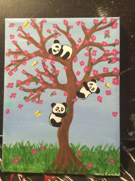 Acrylic canvas painting- Pandas in a cherry tree Trees Art Drawing, Cherry Painting, Cherry Blossom Drawing, Canvas Painting Projects, Cute Easy Paintings, Panda Painting, Poster Color Painting, Bear Paintings, Painting Activities