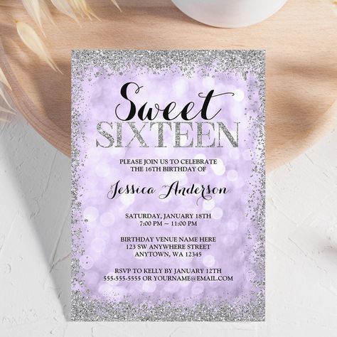 Purple Silver Faux Glitter Lights Sweet 16 Invitation Birthday Venues, 16 Invitations, Silver Invitation, 16th Birthday Invitations, Purple Party, Sweet 16 Birthday Party, Purple Sparkle, Sweet 16 Invitations, Create Memories