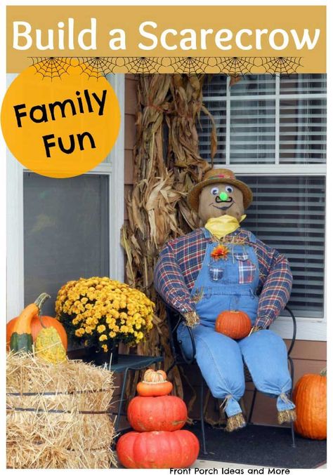 Adorable easy-to-make scarecrow for your front porch. Instructions and pictures on Front Porch Ideas and More. Diy Scarecrow Decoration Front Porches, Scarecrow Pictures, Scarecrow Decorations, Make A Scarecrow, Scarecrows For Garden, Scarecrow Doll, Diy Scarecrow, Outside Fall Decor, Scarecrow Crafts