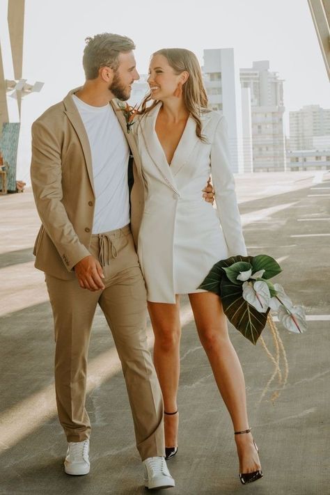 White Blazer Dress Engagement Photos, Parking Garage Wedding, Miami Elopement, Garage Wedding, Parking Garage Photoshoot, Seventh Son, Garage Photoshoot, Styled Engagement Shoot, Courthouse Wedding Photos