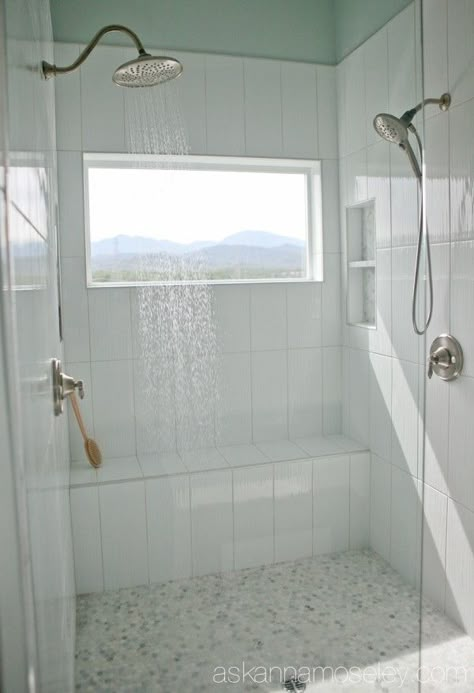 Shower With A View, Bathroom With Marble, Shower Window, Huge Shower, Window In Shower, Dream Master, Marble Floors, Bathroom Window, Master Shower