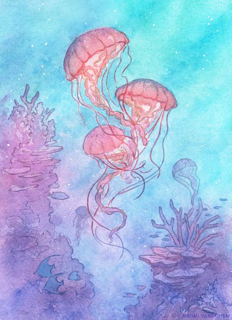 Underwater Galaxy, Naomi Vandoren, Gcse Artists, Underwater Drawing, College Course, Watercolor Jellyfish, Ocean Drawing, Sea Drawing, Jellyfish Painting