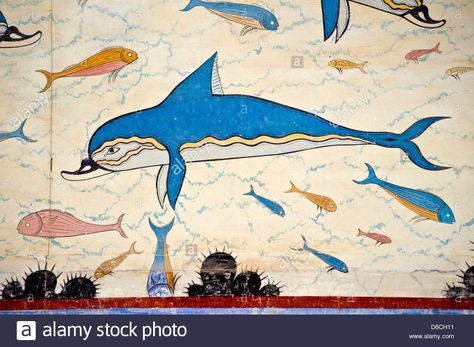 Download this stock image: Knossos, Crete, Greece. Minoan Archaeological Site. Dolphin Fresco in the Queen's Megaron (detail) - D6CH11 from Alamy's library of millions of high resolution stock photos, illustrations and vectors. Greece Heraklion, Knossos Palace, Minoan Art, Greece Pictures, Ancient Paintings, Heraklion, Greek Myths, Mural Painting, Crete