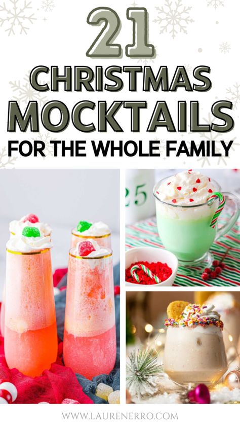 21 Christmas Mocktails the Whole Family Can Enjoy - Lauren Erro Santa Mocktails, Mock Tail Christmas Drinks, Christmas Mock Tails Non Alcoholic, Christmas Themed Mock Tails, Holiday Drinks Mocktail, Christmas Drink Mocktail, Kids Christmas Mocktails, Christmas Punch Mocktail, Fun Christmas Mocktails