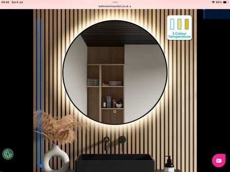 Black Frame Led Mirror Bathroom, Bathroom Mirror Lighting Ideas, Mirror Panel Wall, Mirror Cupboard, Cloakroom Ideas, Round Bathroom Mirror, Black Bathroom Mirror, Backlit Bathroom Mirror, Lit Mirror