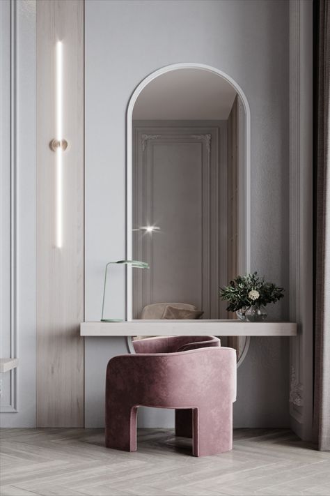 bedroom décor with lovely dressing table and makeup Wall Mounted Dressing Table, Inspiration Dressing, Table Dressing, Dressing Table Design, Dressing Mirror, Modern Bedroom Design, Pink Interior, Oval Mirror, Design Bedroom