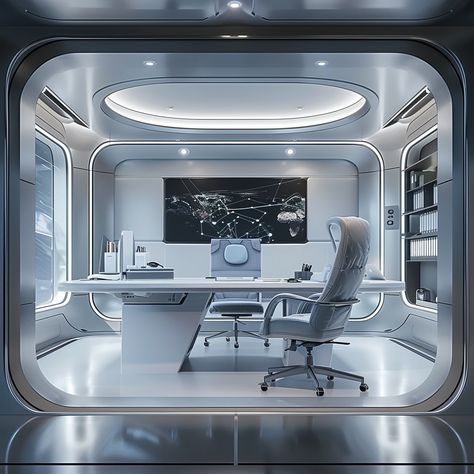 real image, a futuristic office scene with a sleek desk at the center, populate the desk with modern office supplies arranged neatly and ensure there's ample space on the desk for a computer and monitor, color palette should predominantly feature shades of white and gray, aim for a professional yet minimalist ambiance in the image Future Office Design, Cybercore Office, Futuristic Industrial Design, Futuristic Meeting Room, Scifi Office, Futuristic Home Office, Futuristic Lobby, Futuristic Classroom, Futuristic Office Interior