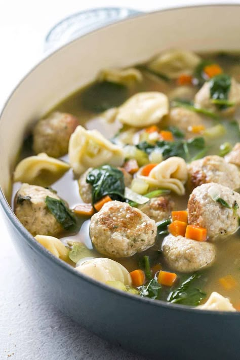 Soup With Turkey Meatballs, Meatball Tortellini Soup, Soup With Turkey, Turkey Meatball Soup, Italian Wedding Soup Recipe, Spinach Tortellini Soup, Spinach Tortellini, Turkey Meatball Recipe, Tortellini Pasta