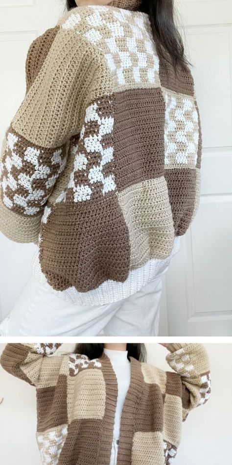 Crochet Brown Cardigan Pattern, Patchwork Crocheted Cardigan, Green And Brown Crochet Cardigan, Chunky Patchwork Cardigan, Crochet Cardigan 3 Colors, Crochet Plaid Cardigan, Cardigan Crochet Patchwork, Crochet Cardagin, Patchwork Crochet Ideas