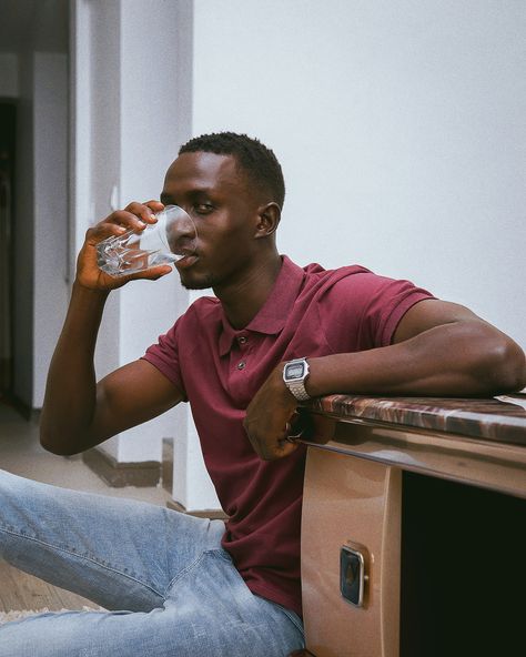 Male Drinking Pose Reference, Person Drinking Reference, Casual Poses, Board Night, Bottle Shoot, Male Pose, Black Male Models, Juice Branding, Lifestyle Shoot