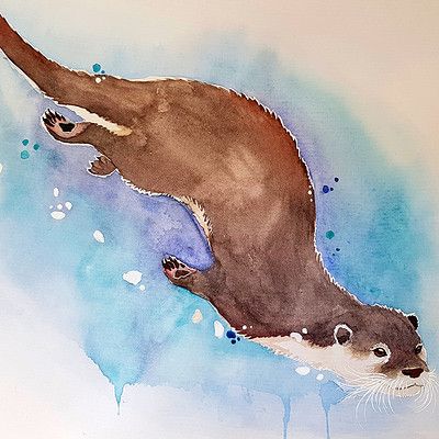 Watercolor Otter Painting, Sea Otter Watercolor, Watercolour Otter, Sea Otter Painting, Otter Watercolor, Otter Painting, Cute Otters Drawing, Otter Drawing, Otter Tattoo