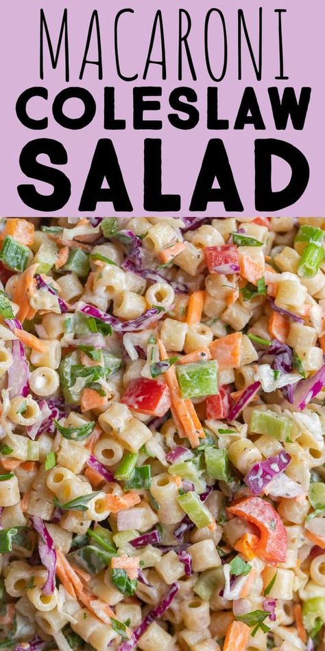 This Macaroni Coleslaw Salad is the perfect mix between macaroni salad and coleslaw! It's a great side dish for parties, potlucks and BBQs. This macaroni coleslaw salad is easy to make, packed with tons of vegetables and dressed with a creamy mayo based dressing. #macaronisalad #coleslaw #potluckrecipe #vegetariansidedish Cole Slaw Pasta Salad Salad, Macaroni Coleslaw Salad Taste Of Home, Coleslaw Pasta Salad Easy Recipes, Mediterranean Coleslaw Recipe, Pasta Slaw Salad, Pasta Slaw Recipe, Side Dish For Barbeque, Coleslaw Mix Salad, Summer Vegetable Salad Recipes