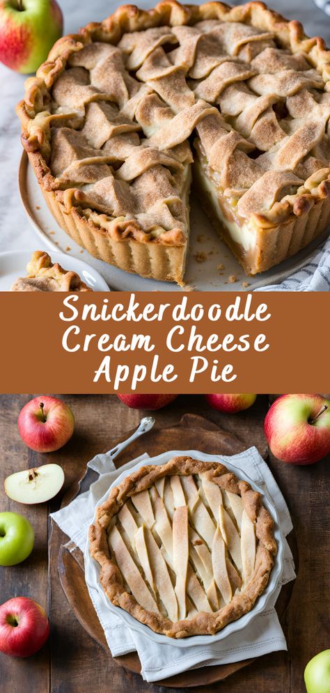 Snickerdoodle Cream Cheese Apple Pie | Cheff Recipes Apple Pie With Cream Cheese, Apple Cream Cheese Pie, Snickerdoodle Pie, Apple Cream Pie, Cheese Apple Pie, Snickerdoodle Apple Pie, Pie With Cream Cheese, Apple Pie With Cheese On Top, Super Creamy Apple Pie