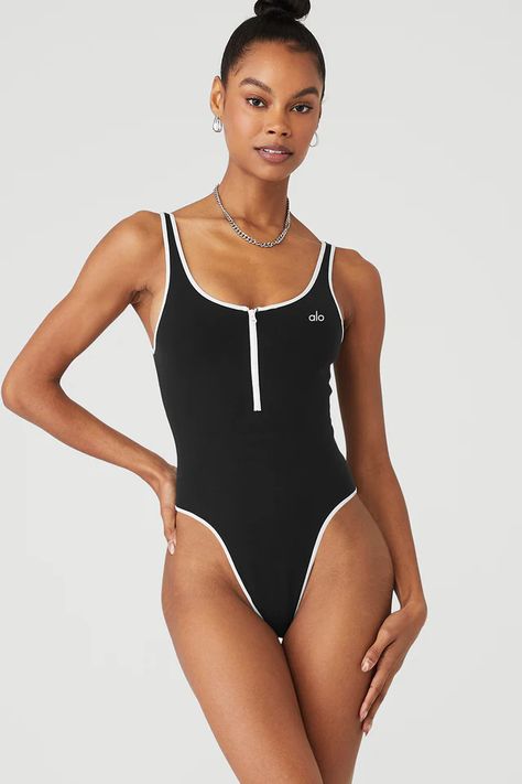 DRESSES, ONESIES & MORE | Alo Yoga Alo Bodysuit, Sam Edelman Sandals, Yoga Body, Bodysuit Black, Contrast Piping, Back Women, Tennis Dress, Best Yoga, Alo Yoga