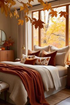 Fall Bed Aesthetic, Fall Decor Ideas For Bedroom Cozy, Fall Bed Sheets, Fall Room Makeover, Fall Bedding Bedrooms Cozy, Fall Bed Decor, Fall Decor For Bedroom, Fall Bedding Bedrooms, Bedroom Fall Decorations