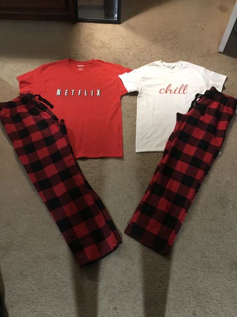 DIY Netflix and Chill T-shirts with old navy PJ pants. So comfy and warm. ❤️ Netflix And Chill Halloween Costume, Netflix And Chill Couple Costume, Matching Pajamas For Couples Halloween, Halloween Matching Pajamas Couple, Cute Couples Christmas Pajamas Pants, Matxhing Pj Pants, Halloween Pj Pants, Netflix And Chill Costumes, Chill Couple