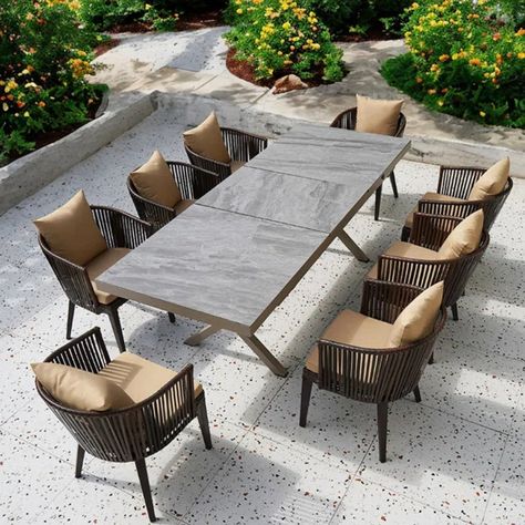 Granberry Rectangular 8 - Person 94.49" Long Dining Set with Cushions Modern Outdoor Dining Sets, Patio Table Set, Outdoor Bar Sets, Stone Concrete, Outdoor Patio Table, Concrete Dining Table, Garden Fire Pit, Patio Bar Set, Modern Outdoor Furniture