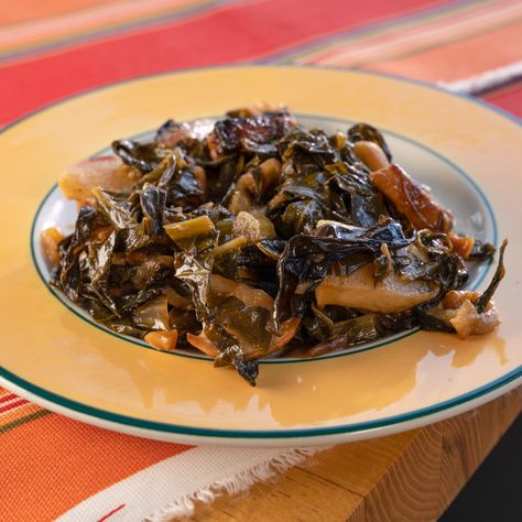 Collard Greens Roasted with Garlic, Peanuts, Turnips and Sweet Potatoes from Food Network Braised Collard Greens, Swiss Chard Recipe, Southern Style Collard Greens, Ranch Recipes, Yummy Vegetables, Review Notes, Collard Greens Recipe, Swiss Chard Recipes, Monthly Menu