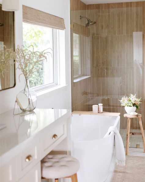 Nicole Hurd | Interior Design on Instagram: “its friday and I’m really craving a glass of wine and a long bath but that’s not happening 😵‍💫 so instead we’re reveal more of this master…” Clean Blinds, Tile For Bathroom, Wood Spa, Blinds Window, Shower Wall Tile, Matte Porcelain Tile, Cleaning Blinds, Cleaning Guide, Wood Look Tile