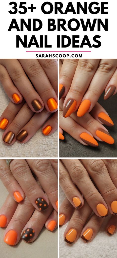 Embrace the warmth of autumn hues with these stunning 35+ orange and brown nail ideas! It's time to add some fall vibes to your style! 🍂💅 #NailDesigns #Nails #OrangeandBrown Fall Nail Painting Ideas, Autumn Multicolor Nails, Orange Geometric Nails, Fall Nails Orange And Brown, Brown And Orange Fall Nails, October Sns Nails, Gel Nails Halloween Design, Cleveland Browns Nails Design, Orange Nails Ideas Fall