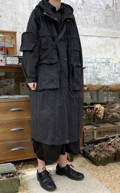 Homemade Yoji Yamamoto Dark Long Windbreaker Jacket / Over the Knee Ho – Ofelya Boutique Big Jacket Outfits, Yohji Yamamoto Street Style, Big Pant, Babylon Berlin, Yoji Yamamoto, Windbreaker Outfit, Gorp Core, Big Pants, Gender Fluid Fashion