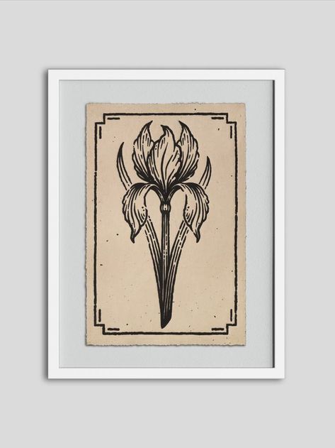 Linocut "Iris", original botanical engraving, vintage illustration with flower, farmhouse decorative poster, house warming floral art gift Linocut print on 20x30 cm beige handmade paper. Botanical graphic design ideal for every plant mom, gardener and nature lover. Work great as a house warming decoration or gift for flower keeper. Old looking beige color of paper accompanied by flower theme of illustration will fill your room with vintage style and give warm old-school touch to any space. Botanical Graphic Design, House Warming Decoration, Poster House, Flower Logo Design, House Logo Design, Personalised Gifts For Friends, Presents For Best Friends, Flower Theme, Engraving Illustration