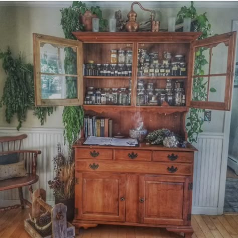 Witchy Kitchen, Apothecary Decor, Home Apothecary, Cottagecore Home, Herbal Apothecary, Kitchen Witch, Green Witch, Dream House Decor, Hutch