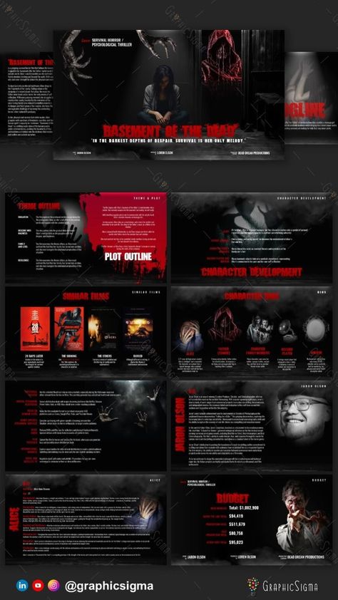 Horror film pitch deck concept art featuring a creepy basement setting Animation Portfolio Ideas, Documentary Template, Multimedia Portfolio, Movie Pitch Deck, Horror Layout, Haunted Basement, Neon Apartment, Movie Presentation, Film Pitch Deck