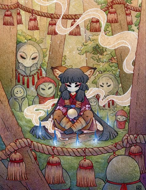 Circle Of Protection, Fox Magic, Japanese Kitsune, Kitsune Fox, Forest Grove, Japanese Folklore, Fox Illustration, Unique Drawings, Fox Art