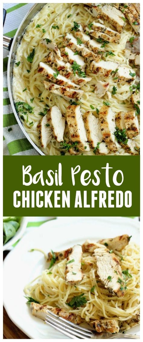 Basil Pesto Chicken, Alfredo Chicken, Chicken Dinner Recipe, Chicken Alfredo Recipes, Chicken Pesto, Basil Recipes, Diner Recept, Alfredo Recipe, Fettuccine Alfredo